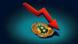 A red downward arrow piercing a bitcoin symbol, indicating falling crypto prices before the FOMC meeting